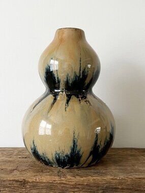 Vintage Studio Art Pottery Double Gourd Vase 12.5" Large Drip Glaze Tan Blue